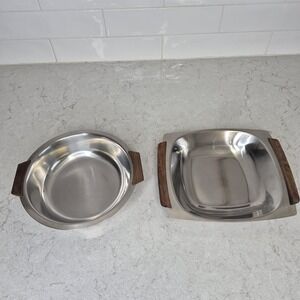 Midcentury Modern 2 stainless steel cocktail‎ tray wood handles Made in Denmark
